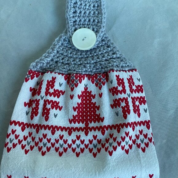 Crochet Top Hanging Red Christmas Trees Snowflakes Flour Sack Kitchen Towel - Picture 3 of 8